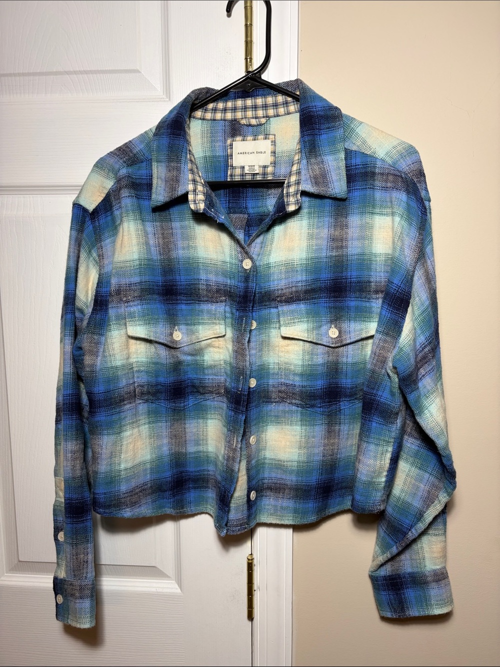American Eagle Outfitters Blue Plaid Button-Up crop shirt